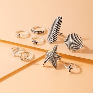 *KEZIAH* 9-Pc Silver Fashion Starfish Shell Turtle Ring Set